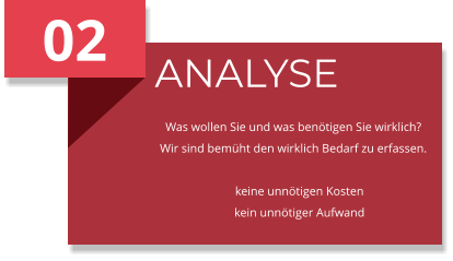 02 ANALYSE Was wollen Sie und was benötigen Sie wirklich? Wir sind bemüht den wirklich Bedarf zu erfassen.      keine unnötigen Kosten     kein unnötiger Aufwand