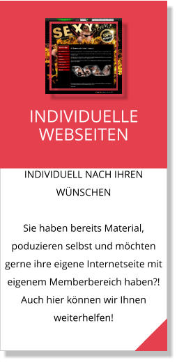 INDIVIDUELL NACH IHREN WÜNSCHEN  Sie haben bereits Material, poduzieren selbst und möchten gerne ihre eigene Internetseite mit eigenem Memberbereich haben?! Auch hier können wir Ihnen weiterhelfen!  INDIVIDUELLE WEBSEITEN