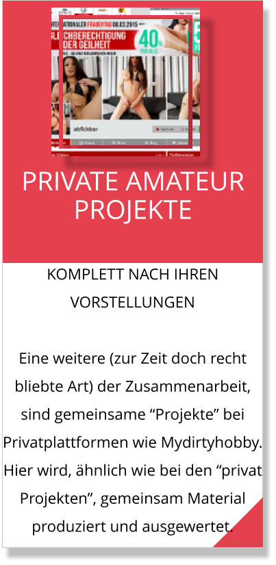 KOMPLETT NACH IHREN VORSTELLUNGEN  Eine weitere (zur Zeit doch recht bliebte Art) der Zusammenarbeit, sind gemeinsame “Projekte” bei Privatplattformen wie Mydirtyhobby. Hier wird, ähnlich wie bei den “privat Projekten”, gemeinsam Material produziert und ausgewertet.  PRIVATE AMATEUR PROJEKTE