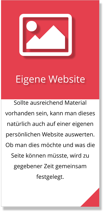 Sollte ausreichend Material vorhanden sein, kann man dieses natürlich auch auf einer eigenen persönlichen Website auswerten. Ob man dies möchte und was die Seite können müsste, wird zu gegebener Zeit gemeinsam festgelegt.  Eigene Website